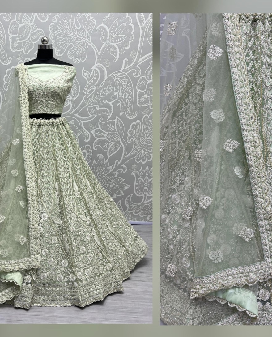 2564-green - Dori and Zircon Diamond green Combine Designer Partywear Lehengacholi 